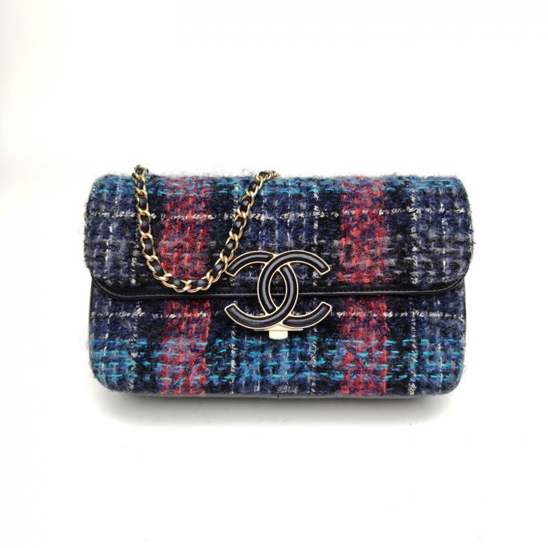CHANEL 拼色粗花呢26開金扣CF漢堡系列雙C大logo粗毛呢鏈條包-0