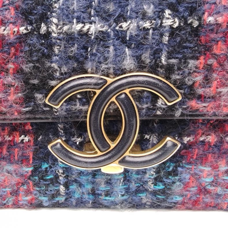 CHANEL 拼色粗花呢26開金扣CF漢堡系列雙C大logo粗毛呢鏈條包-4