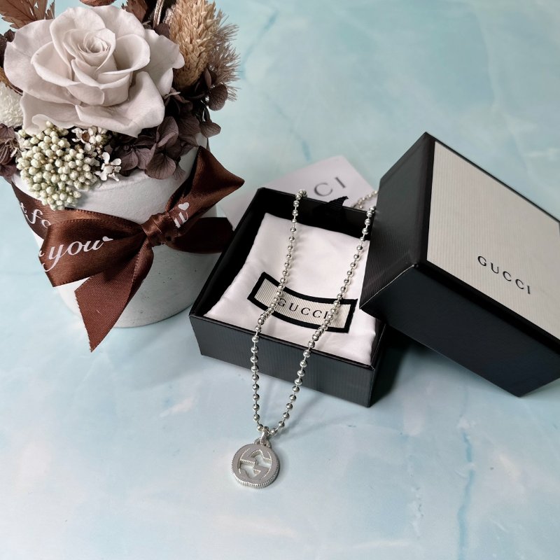 GUCCI 雙G圓珠925純銀項鍊-0
