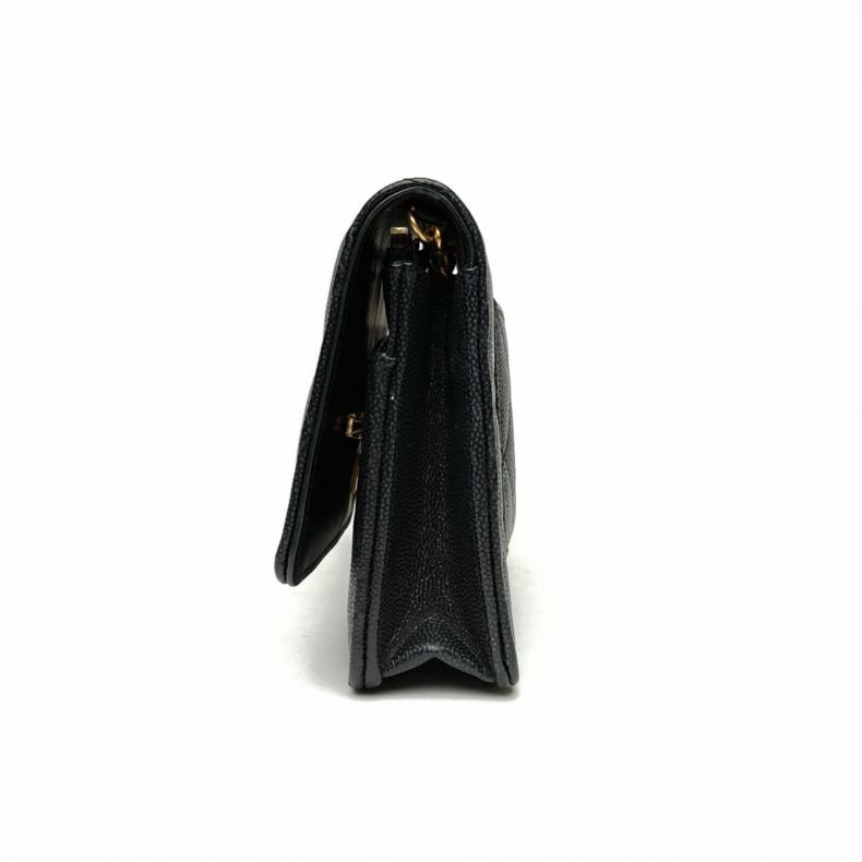 CHANEL 黑色荔枝牛皮晶片開金扣24ACFWOC菱格紋金幣鏈條肩背包-1