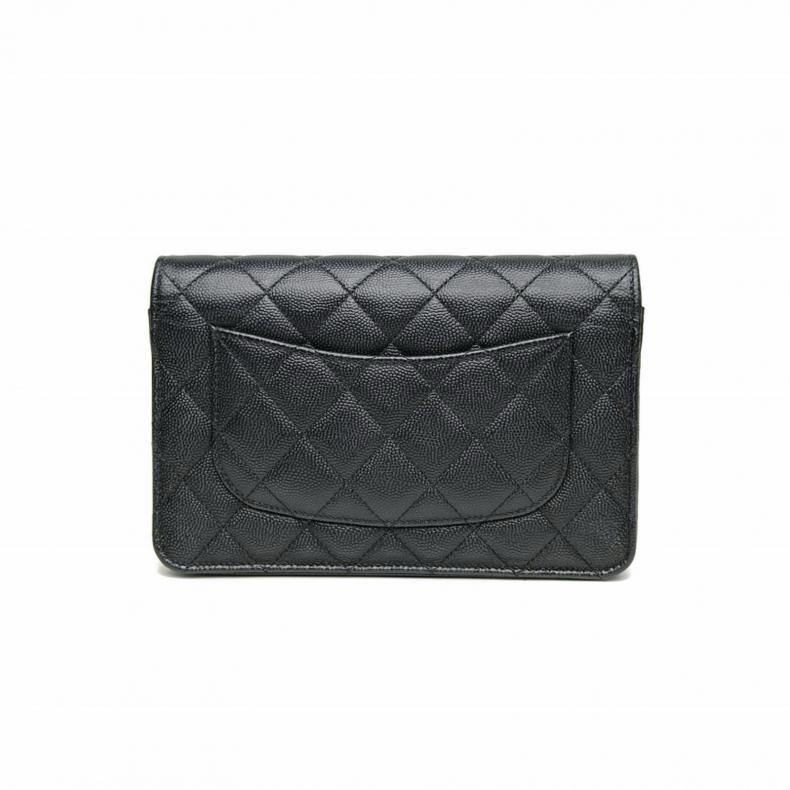 CHANEL 黑色荔枝牛皮晶片開金扣24ACFWOC菱格紋金幣鏈條肩背包-2