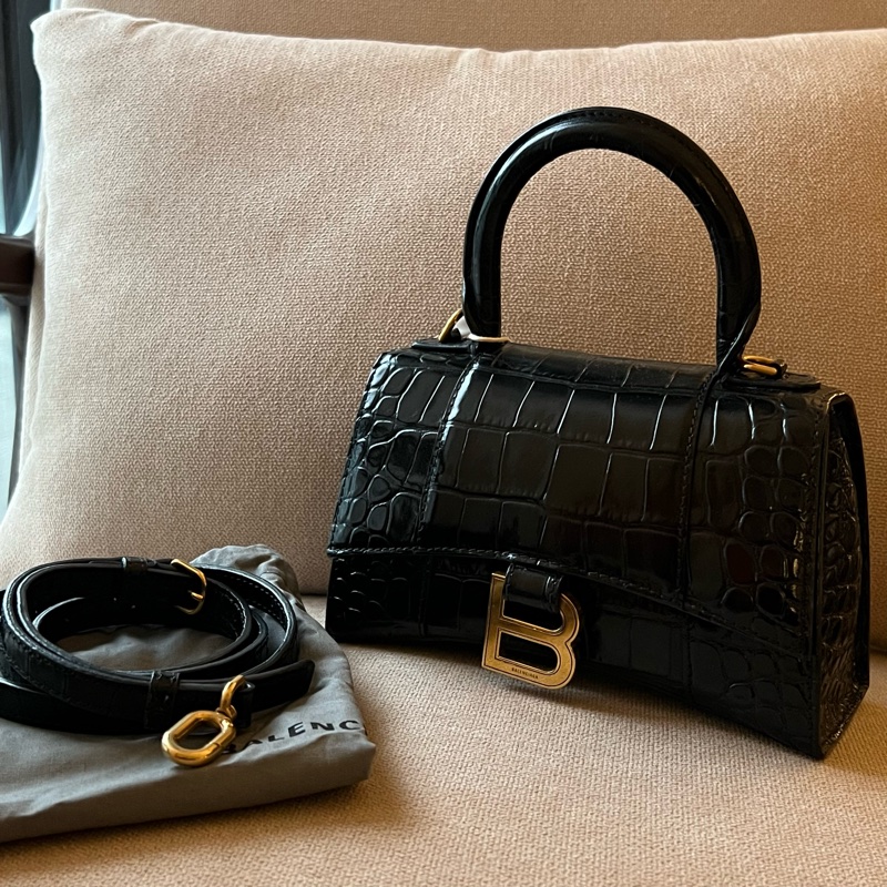 Balenciaga 閃亮小牛皮鱷魚壓紋沙漏包 - XS黑金-0