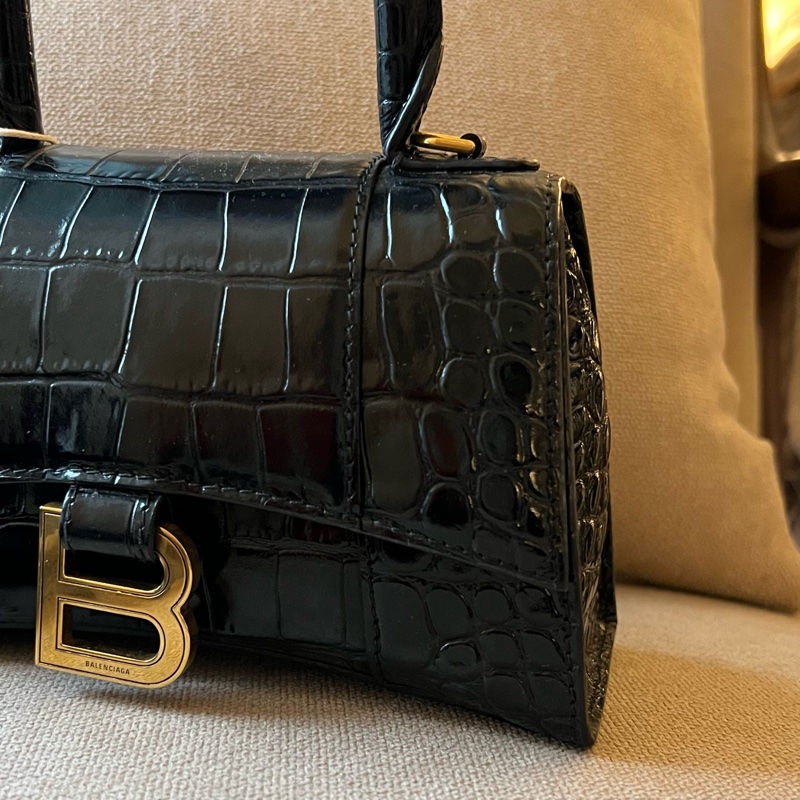 Balenciaga 閃亮小牛皮鱷魚壓紋沙漏包 - XS黑金-2