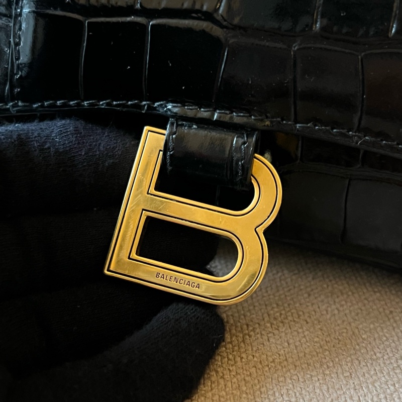 Balenciaga 閃亮小牛皮鱷魚壓紋沙漏包 - XS黑金-3