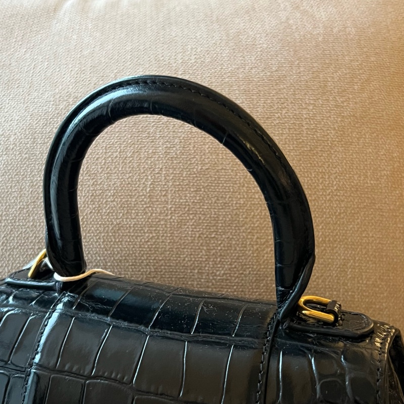 Balenciaga 閃亮小牛皮鱷魚壓紋沙漏包 - XS黑金-4