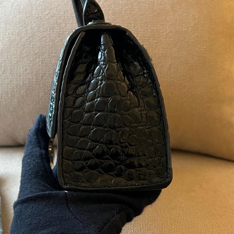 Balenciaga 閃亮小牛皮鱷魚壓紋沙漏包 - XS黑金-5