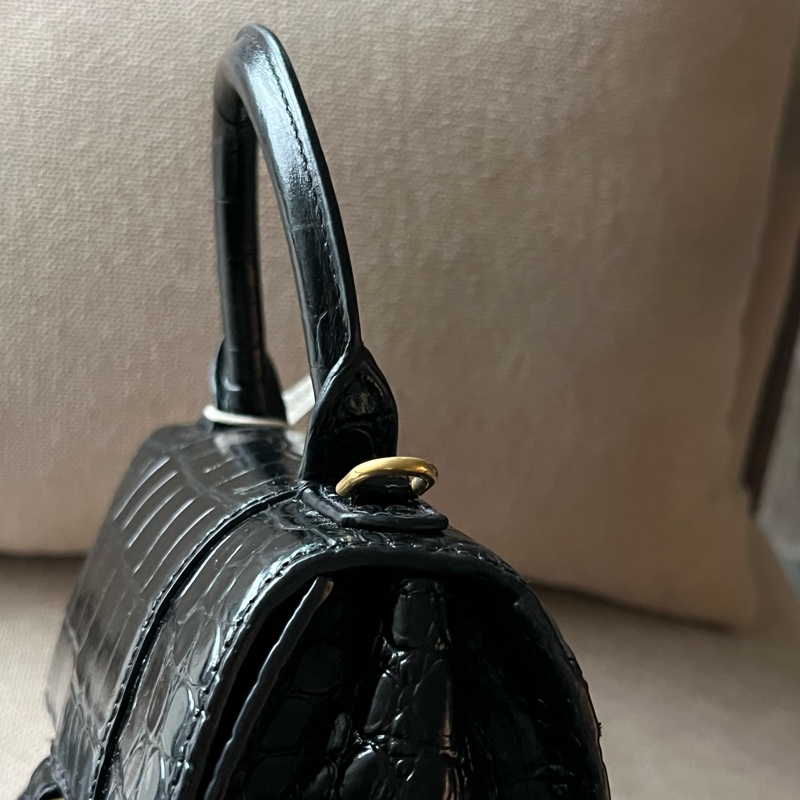 Balenciaga 閃亮小牛皮鱷魚壓紋沙漏包 - XS黑金-10