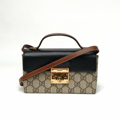 GUCCI Padlock鎖頭包手提方盒子Mini18老花牛皮/PVC金扣