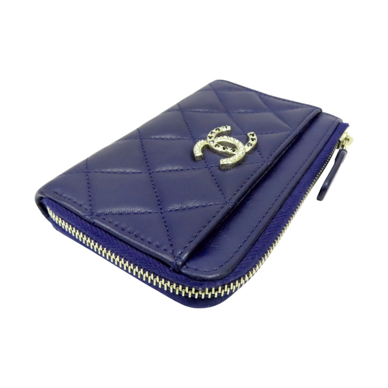 深藍色 菱格紋羊皮 珍珠 水晶 雙C 卡夾 名片夾【CHANEL 香奈兒】-2
