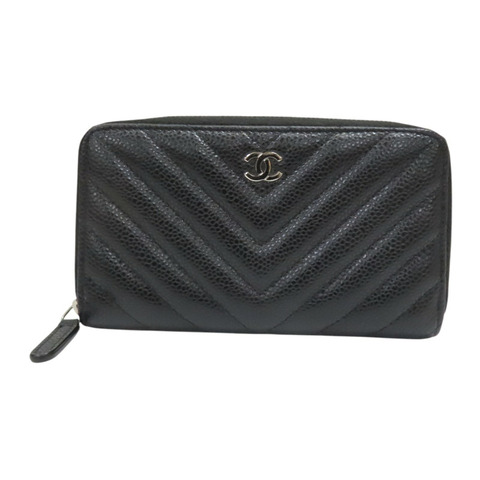 黑色 牛皮 Vstitch zip multi case 拉鍊中夾【CHANEL 香奈兒】