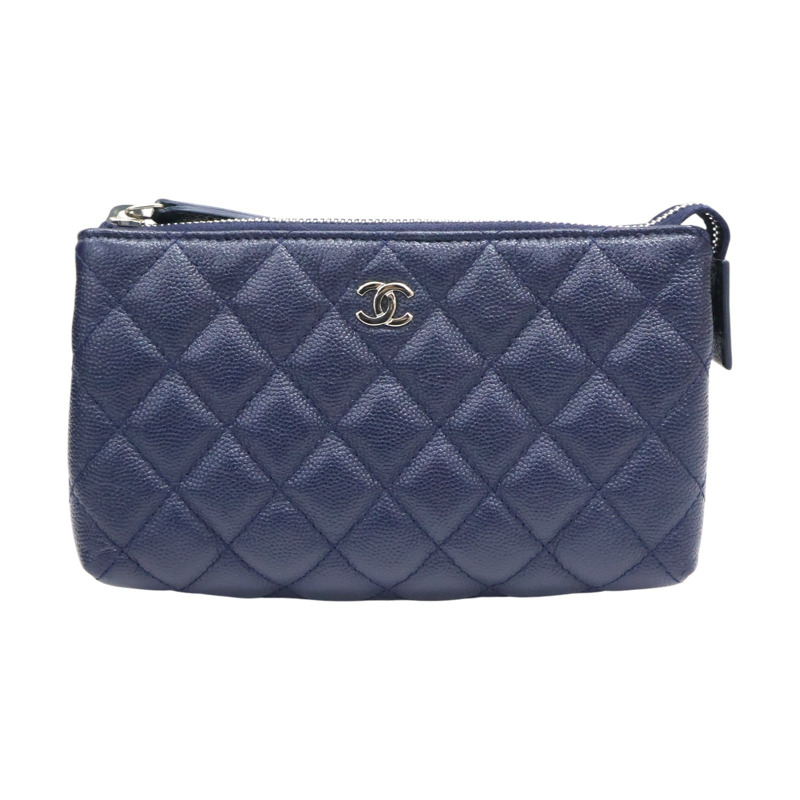 深藍色 菱格紋 牛皮 化妝包 無卡【CHANEL 香奈兒】-0