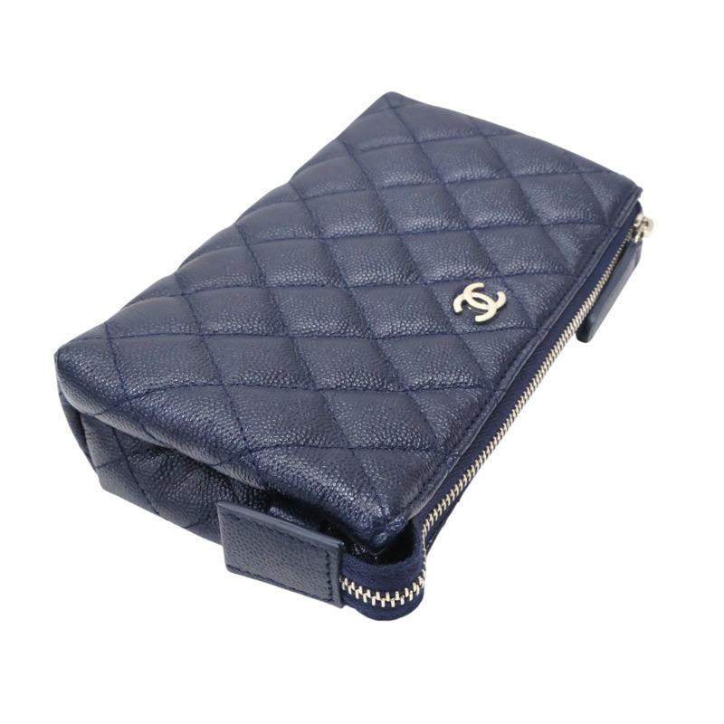 深藍色 菱格紋 牛皮 化妝包 無卡【CHANEL 香奈兒】-2
