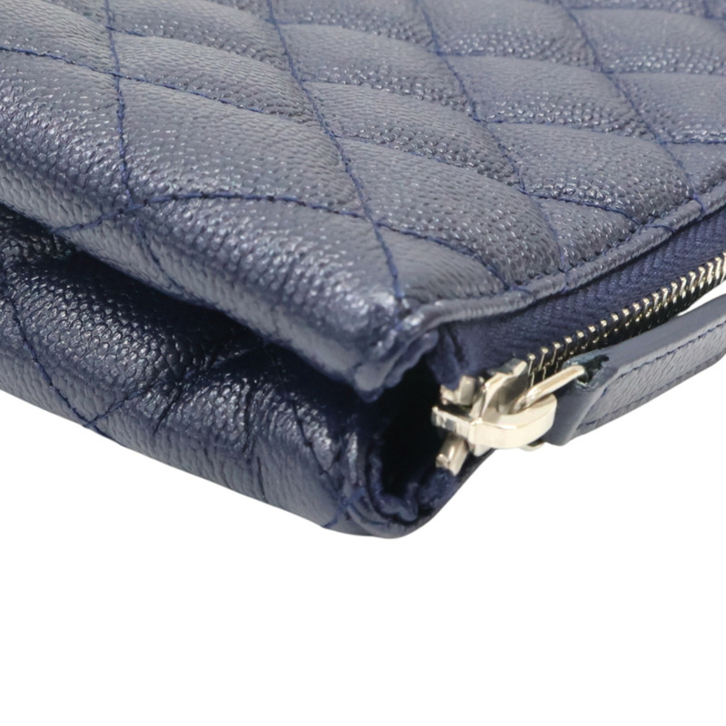 深藍色 菱格紋 牛皮 化妝包 無卡【CHANEL 香奈兒】-9