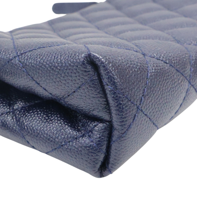 深藍色 菱格紋 牛皮 化妝包 無卡【CHANEL 香奈兒】-12