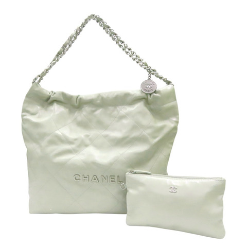 淺綠色 牛皮 CHANEL 22 MEDIUM 鍊帶 肩背包 銀扣【CHANEL 香奈兒】 AS3261