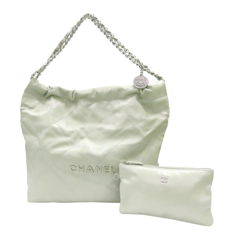 淺綠色 牛皮 CHANEL 22 MEDIUM 鍊帶 肩背包 銀扣【CHANEL 香奈兒】 AS3261-0