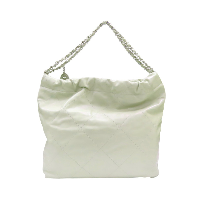 淺綠色 牛皮 CHANEL 22 MEDIUM 鍊帶 肩背包 銀扣【CHANEL 香奈兒】 AS3261-1