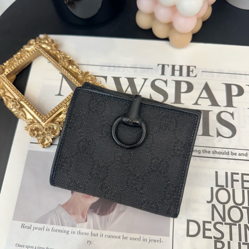 Gucci 中古黑色馬銜扣老花領錢袋短夾-0