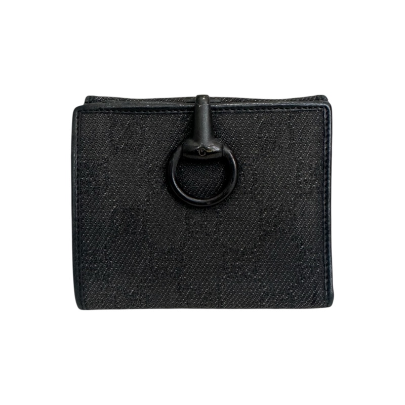 Gucci 中古黑色馬銜扣老花領錢袋短夾-1