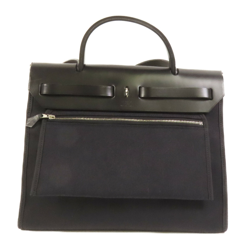 HERMES 帆布Herbag PM銀扣手挽肩背兩用袋Noir-1