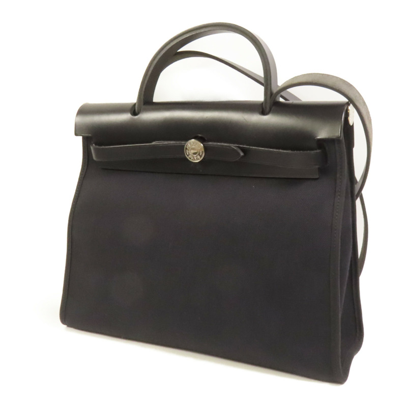HERMES 帆布Herbag PM銀扣手挽肩背兩用袋Noir-2