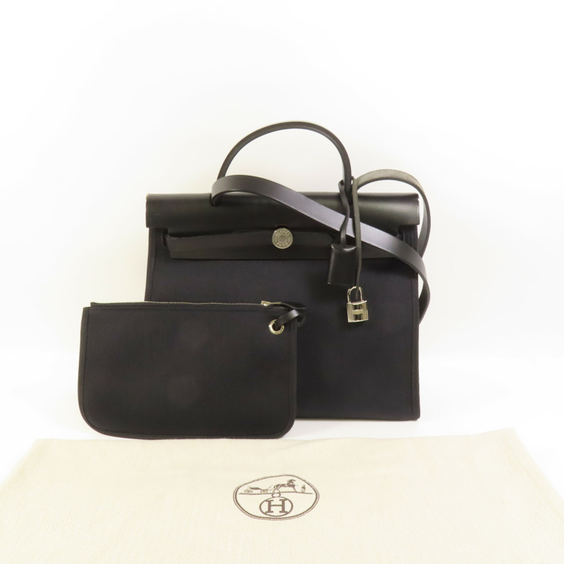 HERMES 帆布Herbag PM銀扣手挽肩背兩用袋Noir-11