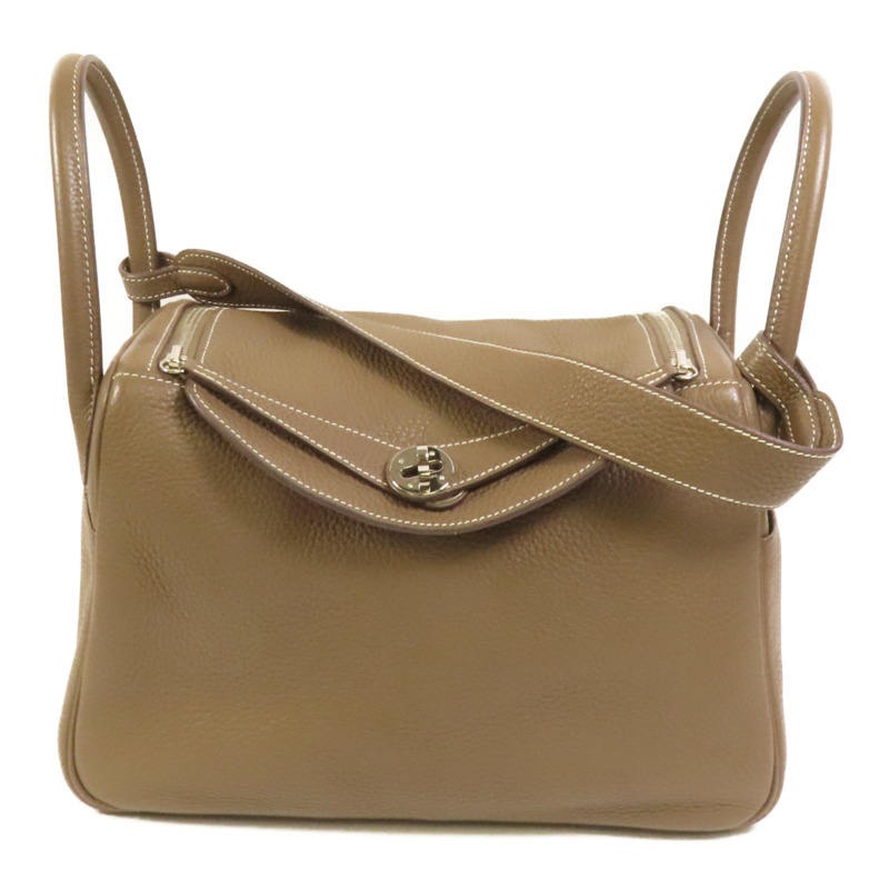 HERMES Clemence皮革Lindy 30銀扣手挽肩背兩用袋Etoupe-0