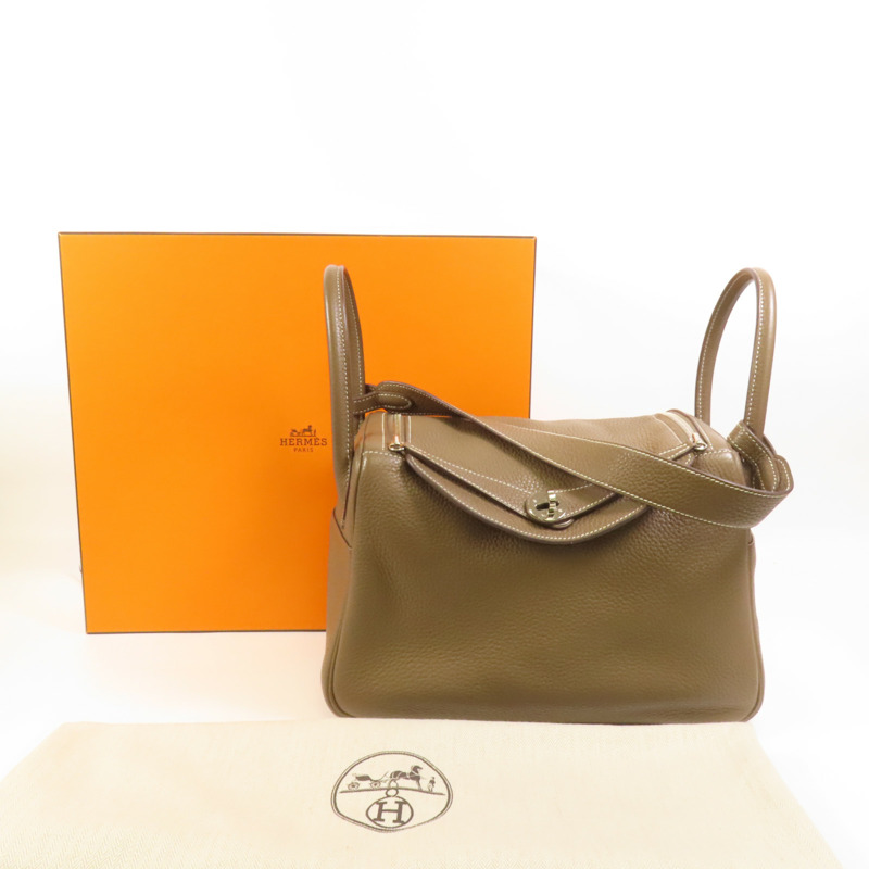 HERMES Clemence皮革Lindy 30銀扣手挽肩背兩用袋Etoupe-10