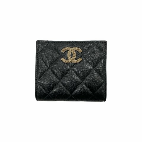 CHANEL 香奈兒 雙折短夾 牛皮 黑色 銀釦