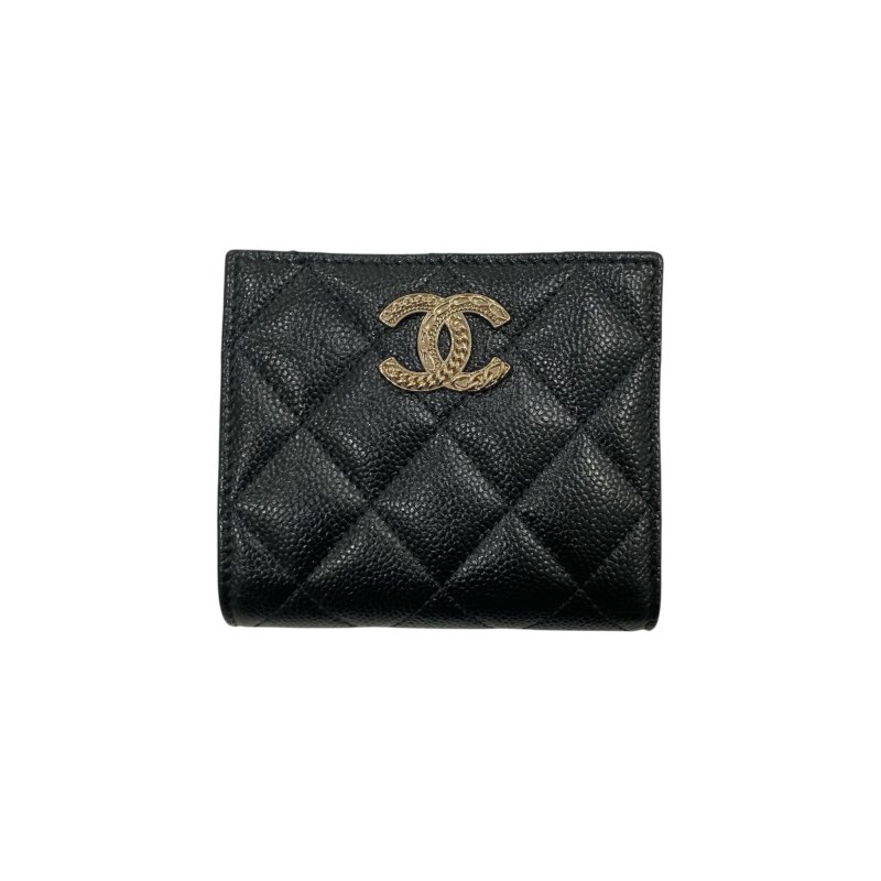 CHANEL 香奈兒 雙折短夾 牛皮 黑色 銀釦-0