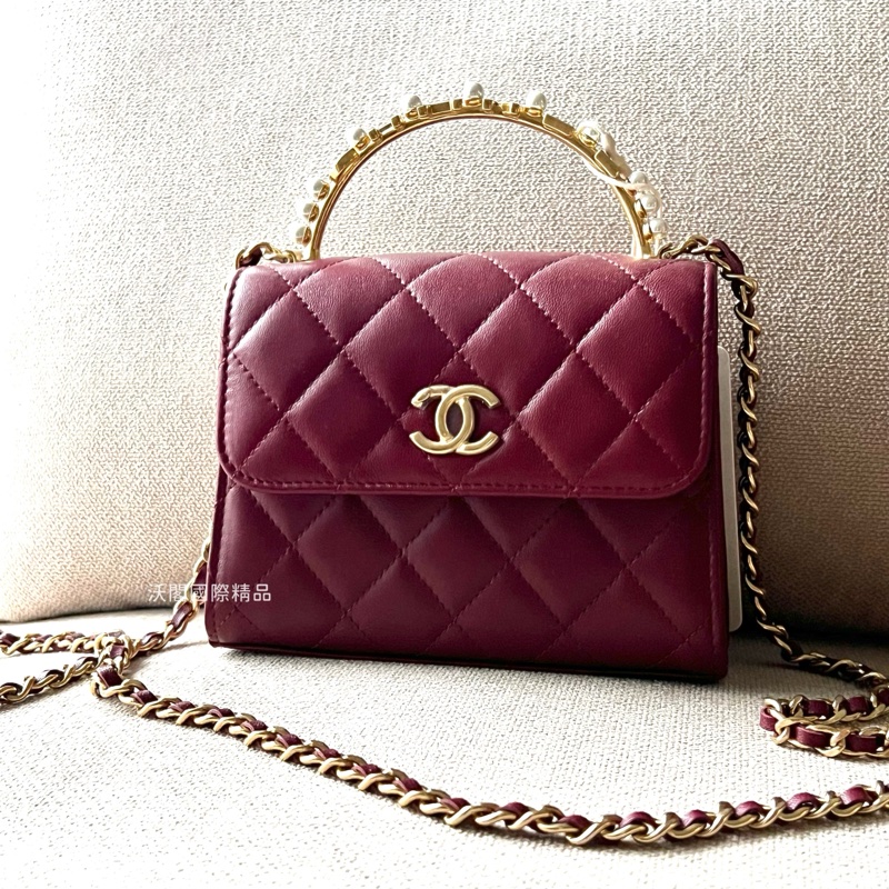 CHANEL 23B珍珠手柄中號鏈包 - 暗紅金-0