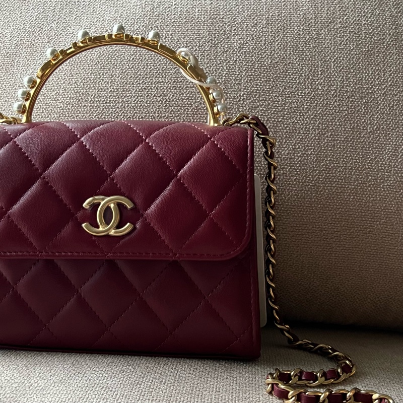 CHANEL 23B珍珠手柄中號鏈包 - 暗紅金-4