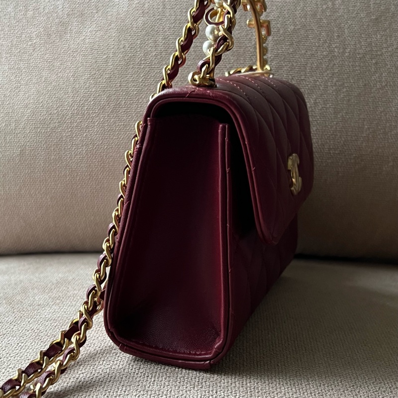 CHANEL 23B珍珠手柄中號鏈包 - 暗紅金-7