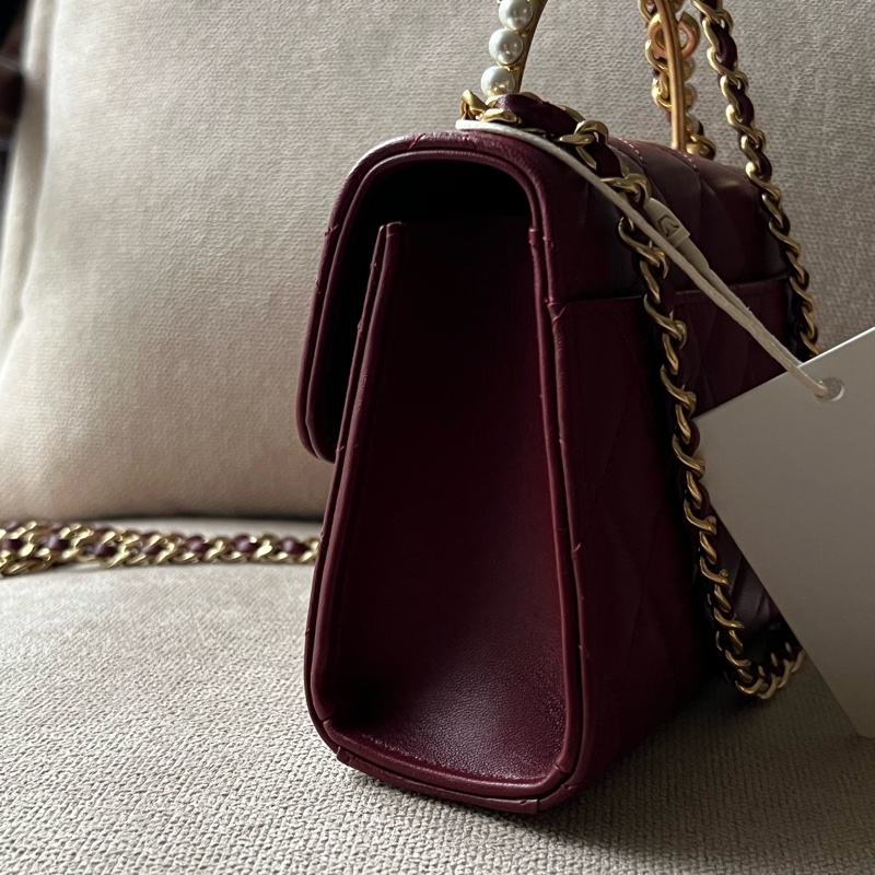 CHANEL 23B珍珠手柄中號鏈包 - 暗紅金-8