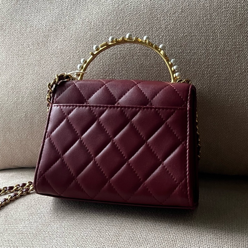 CHANEL 23B珍珠手柄中號鏈包 - 暗紅金-9