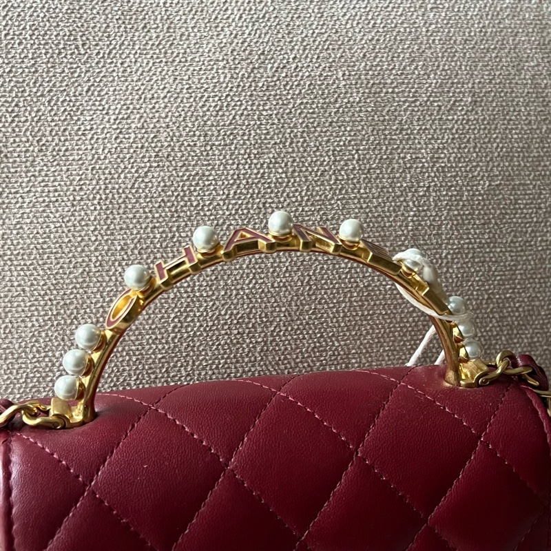 CHANEL 23B珍珠手柄中號鏈包 - 暗紅金-14