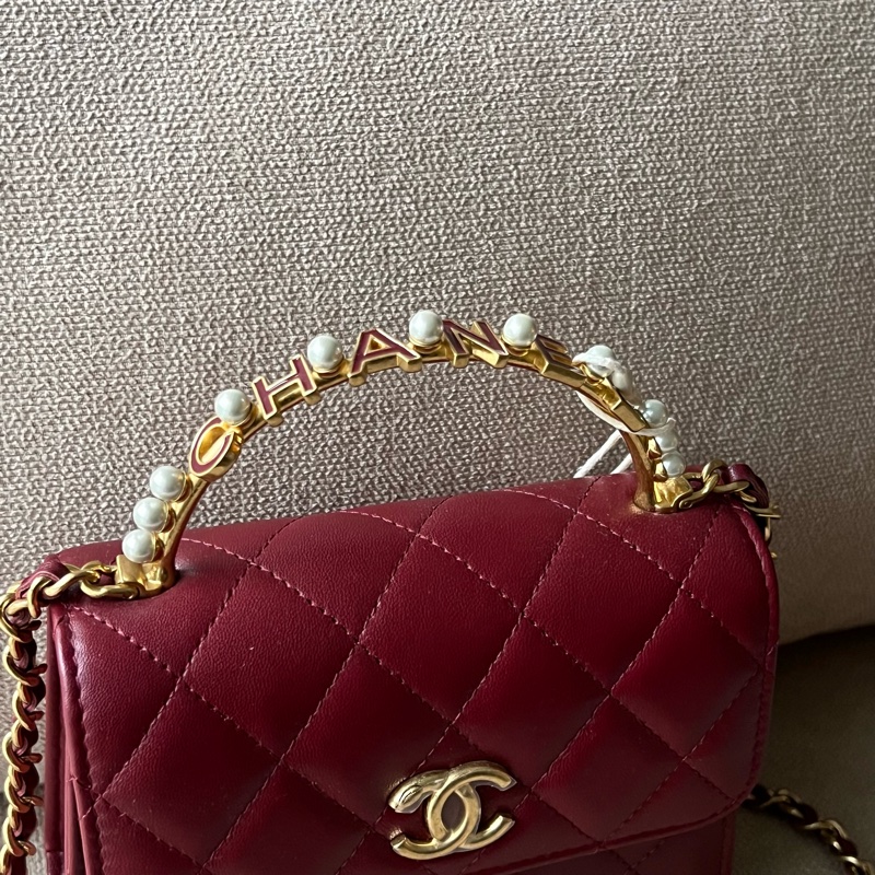 CHANEL 23B珍珠手柄中號鏈包 - 暗紅金-15