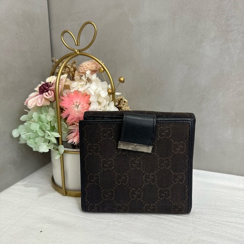 Gucci 中古 咖啡老花拼接皮革短夾