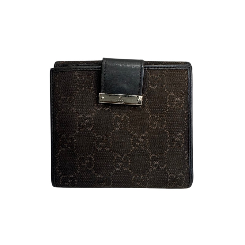 Gucci 中古 咖啡老花拼接皮革短夾-1