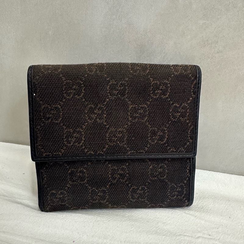 Gucci 中古 咖啡老花拼接皮革短夾-2