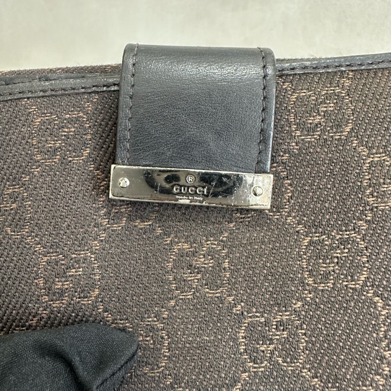 Gucci 中古 咖啡老花拼接皮革短夾-5