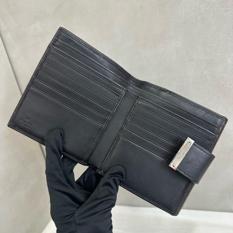Gucci 中古 咖啡老花拼接皮革短夾-10