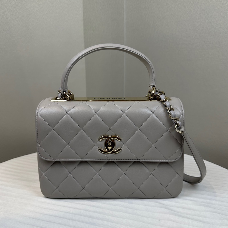 香奈兒/Chanel Trendy CC 金扣灰色羊皮手提斜背包 25x7x8cm-0