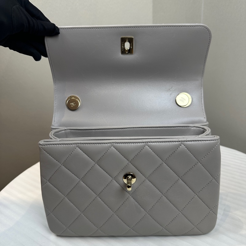 香奈兒/Chanel Trendy CC 金扣灰色羊皮手提斜背包 25x7x8cm-7