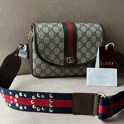GUCCI Ophidia 紅綠織帶郵差包 - 小號烏木
