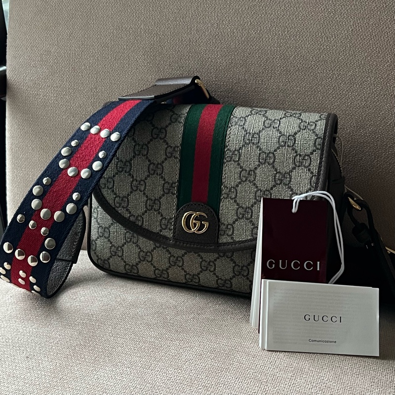 GUCCI Ophidia 紅綠織帶郵差包 - 小號烏木-1