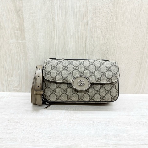 GUCCI原花棕牛皮Petite銀釦雙G橫版迷你郵差包739722