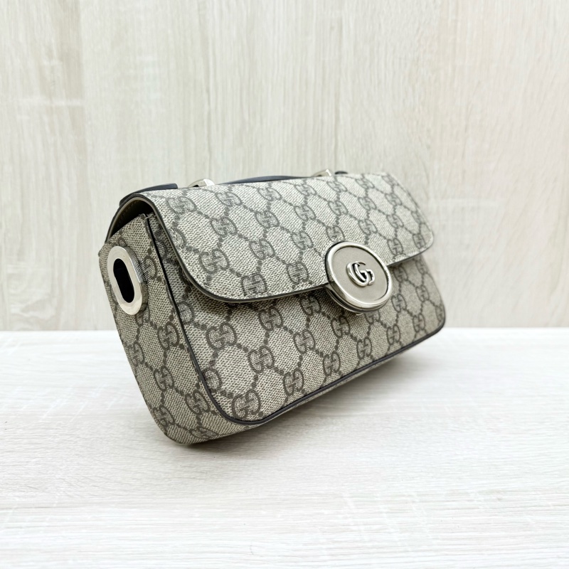 GUCCI原花棕牛皮Petite銀釦雙G橫版迷你郵差包739722-2