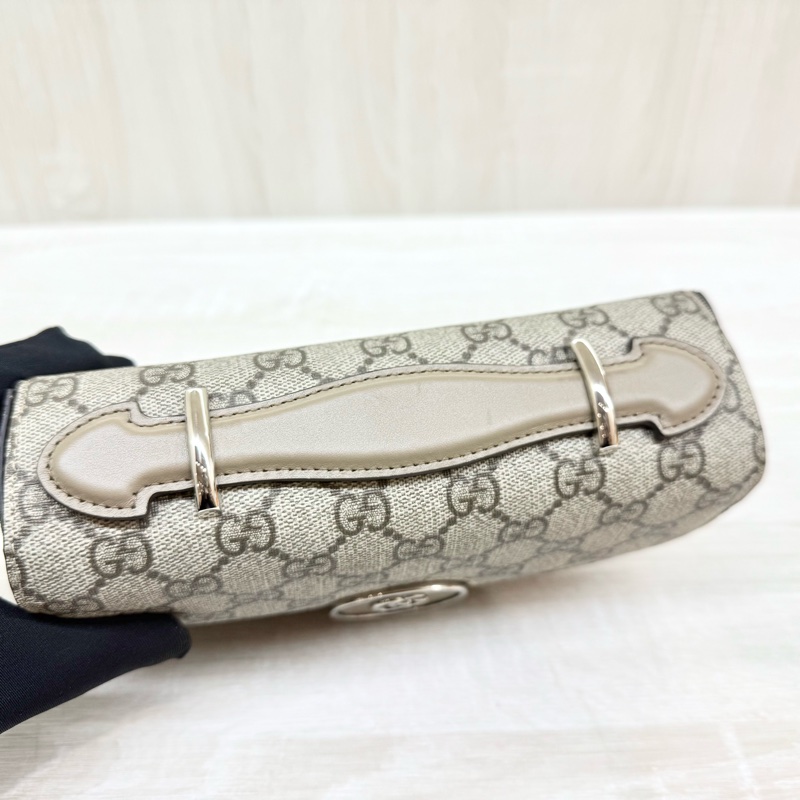 GUCCI原花棕牛皮Petite銀釦雙G橫版迷你郵差包739722-8