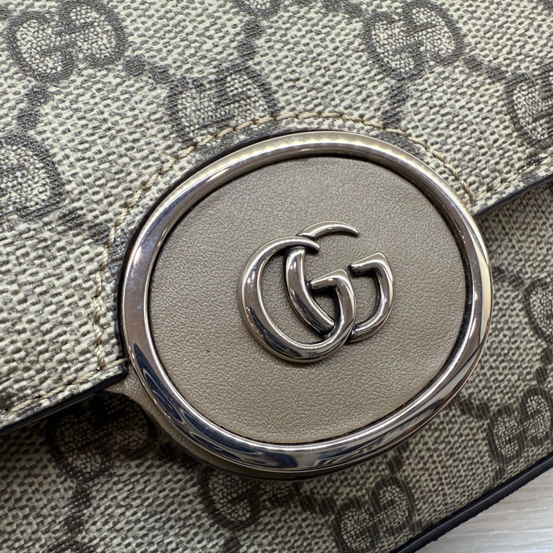 GUCCI原花棕牛皮Petite銀釦雙G橫版迷你郵差包739722-16